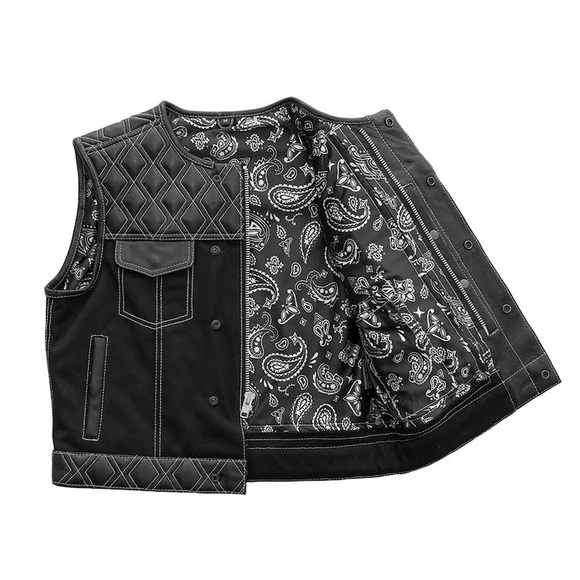 Men's Club Style Leather Denim Paisley Motorcycle Vest Concealed Carry - Picture 3 of 4